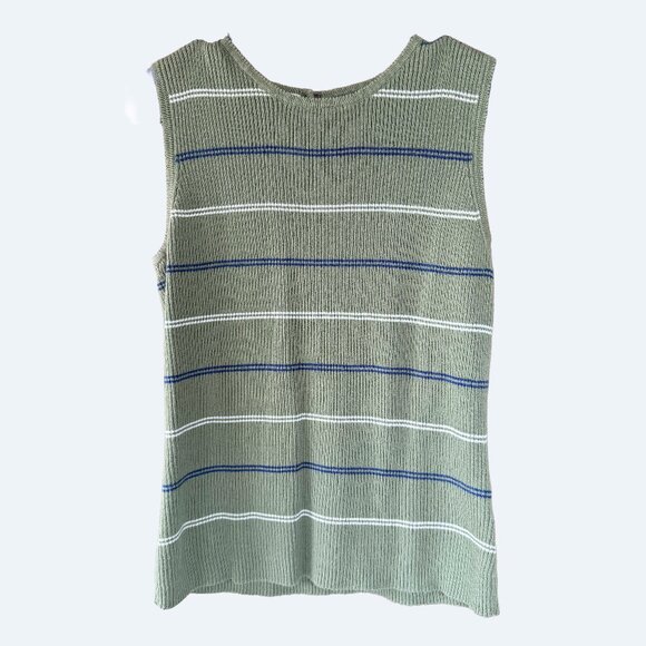Basic Editions Sage Green Striped Ribbed Tank Top Size L Fits S/M Y2K 90s - Picture 1 of 4